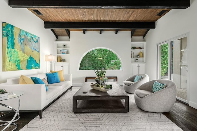 living room with vaulted ceiling with beams, hardwood / wood-style flooring, and wooden ceiling