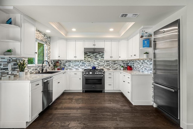 kitchen with high quality appliances, white cabinets, a raised ceiling, sink, and dark hardwood / wood-style flooring