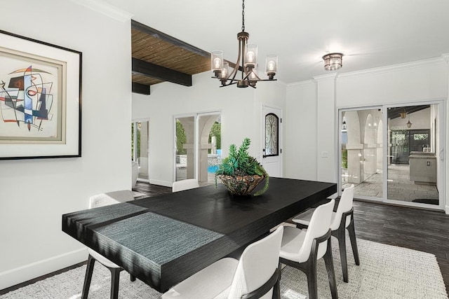 dining room with beam ceiling, dark hardwood / wood-style flooring, wooden ceiling, and a chandelier