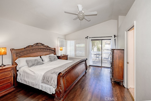 bedroom featuring ceiling fan, access to exterior, dark wood-type flooring, and vaulted ceiling