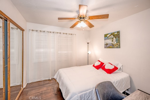 bedroom featuring dark hardwood / wood-style floors and ceiling fan