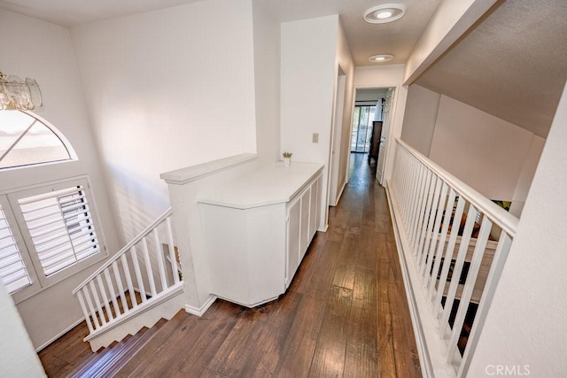 hall with dark wood-type flooring and stairway