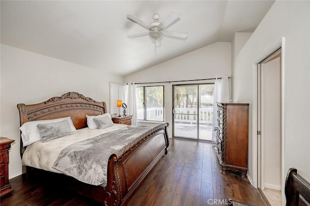 bedroom featuring lofted ceiling, dark wood-style floors, a ceiling fan, and access to outside