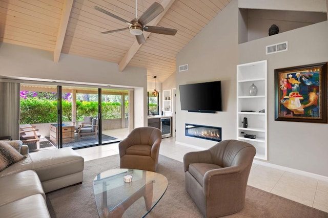 tiled living room featuring wood ceiling, ceiling fan, beam ceiling, high vaulted ceiling, and wine cooler