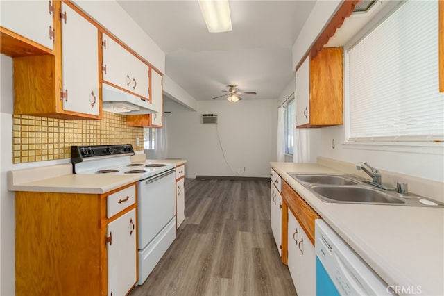 kitchen featuring ceiling fan, sink, light hardwood / wood-style floors, white appliances, and white cabinets