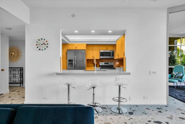 kitchen featuring kitchen peninsula, appliances with stainless steel finishes, light brown cabinetry, a breakfast bar, and sink