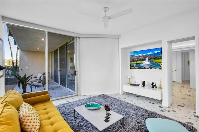 living room with ceiling fan