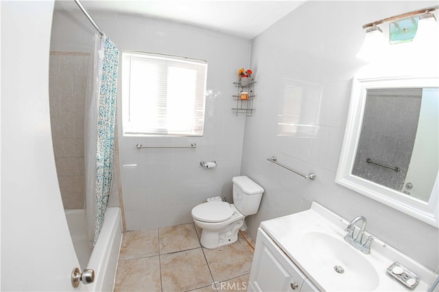 full bathroom with toilet, shower / bath combination with curtain, vanity, and tile patterned floors