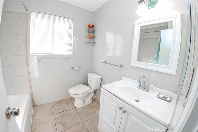 full bathroom with toilet, bathtub / shower combination, vanity, and tile patterned floors