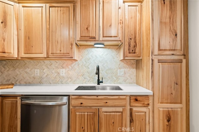 kitchen with dishwasher, tasteful backsplash, and sink