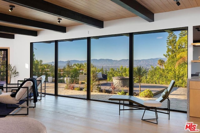 entryway with a mountain view, plenty of natural light, beamed ceiling, and wooden ceiling