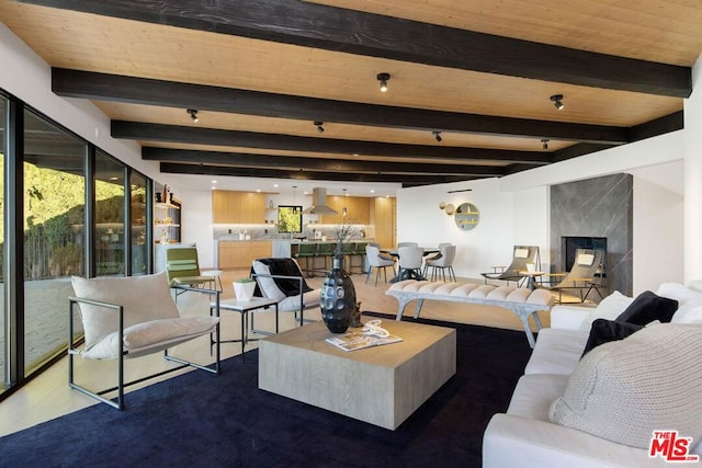 living room featuring a fireplace and beam ceiling