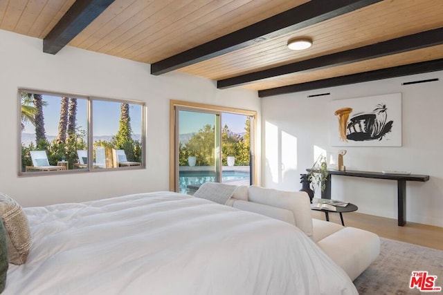 bedroom featuring beam ceiling, hardwood / wood-style floors, wood ceiling, and access to outside