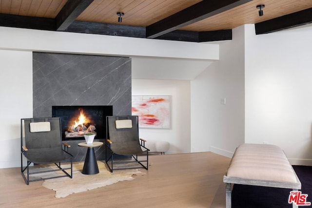 sitting room with hardwood / wood-style floors, beam ceiling, and wood ceiling