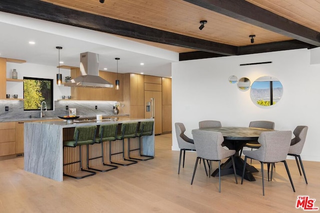 dining area featuring light hardwood / wood-style floors, wooden ceiling, and beam ceiling