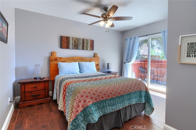 bedroom with access to exterior, dark hardwood / wood-style floors, and ceiling fan