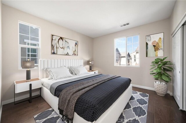 bedroom featuring dark wood-type flooring and a closet