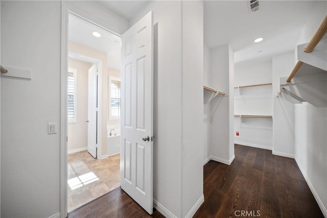 spacious closet featuring dark hardwood / wood-style floors