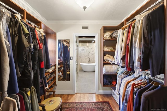 walk in closet with light hardwood / wood-style floors