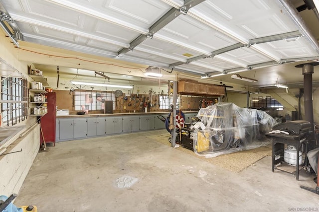 garage with a workshop area