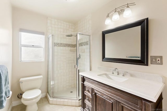 bathroom featuring tile patterned floors, toilet, vanity, and walk in shower