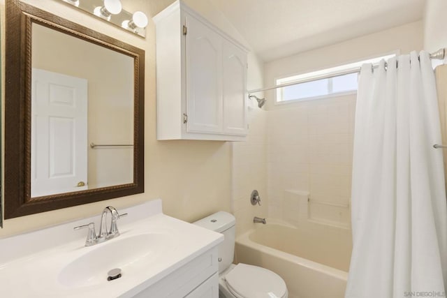 full bathroom with vanity, toilet, and shower / bathtub combination with curtain