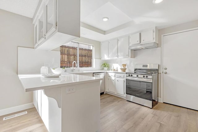 kitchen with white cabinetry, light wood-type flooring, kitchen peninsula, and appliances with stainless steel finishes