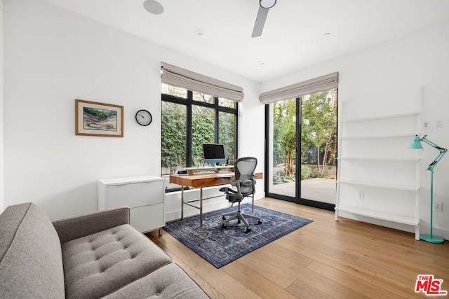 home office featuring ceiling fan and light hardwood / wood-style floors