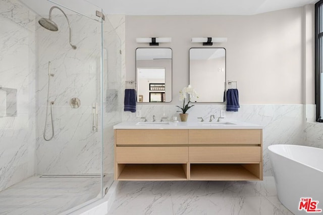 bathroom featuring vanity, tile walls, and plus walk in shower