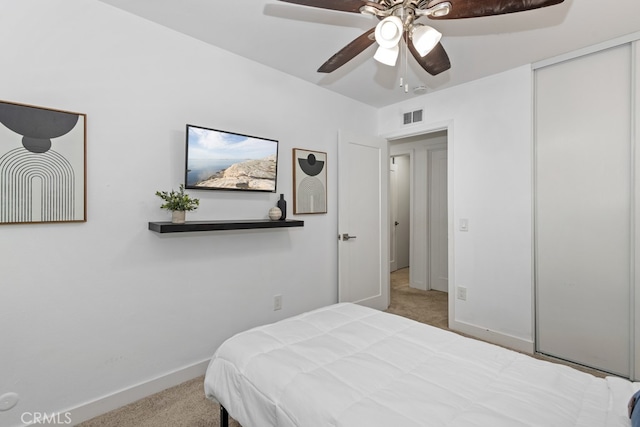 bedroom featuring carpet flooring and ceiling fan