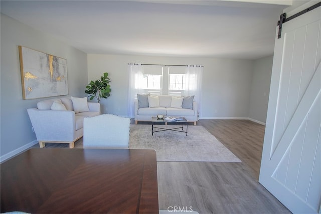 living room with a barn door and hardwood / wood-style floors