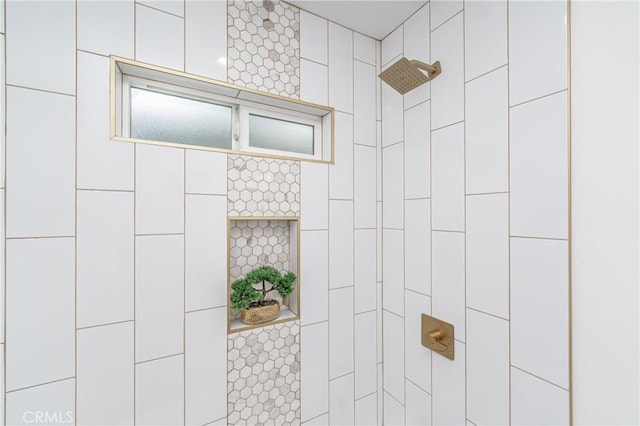 room details with a package area and a tile shower