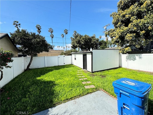 view of yard featuring a storage shed and a patio area