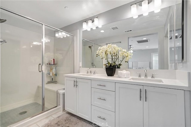 bathroom featuring vanity and an enclosed shower