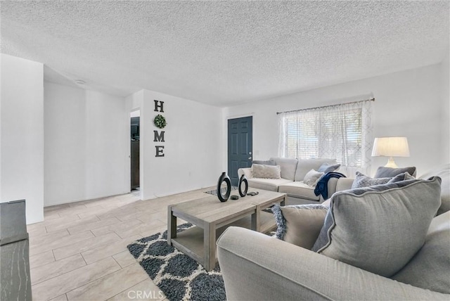 living room featuring a textured ceiling