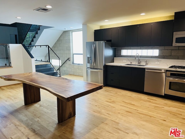 kitchen with backsplash, sink, light wood-type flooring, and stainless steel appliances