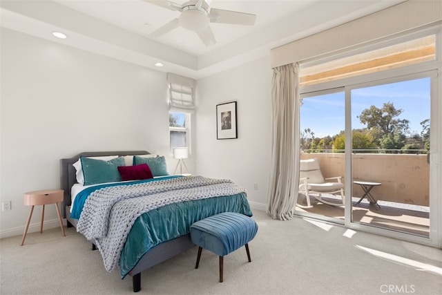 bedroom with access to exterior, ceiling fan, and light carpet