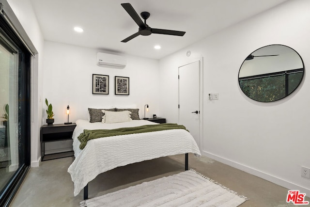 bedroom with a wall mounted AC and ceiling fan