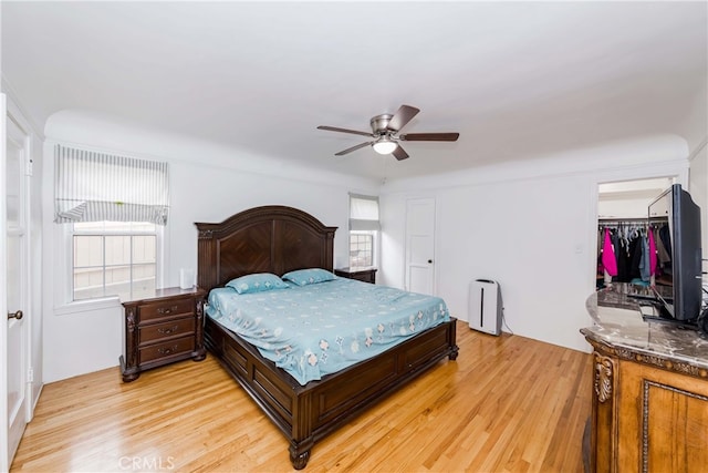 bedroom featuring a spacious closet, light hardwood / wood-style flooring, a closet, and ceiling fan