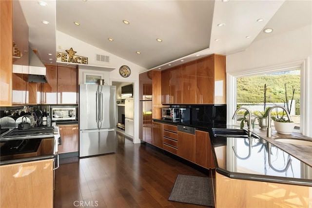 kitchen with appliances with stainless steel finishes, dark hardwood / wood-style flooring, tasteful backsplash, sink, and lofted ceiling