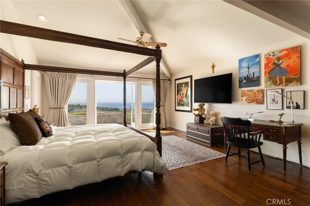 bedroom featuring ceiling fan, dark wood-type flooring, and lofted ceiling with beams