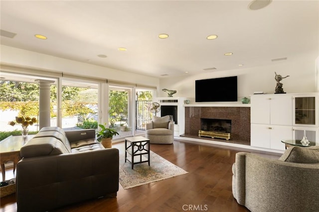 living room with dark hardwood / wood-style floors