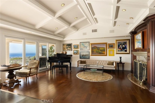 living area featuring vaulted ceiling with beams, a premium fireplace, dark hardwood / wood-style flooring, and coffered ceiling