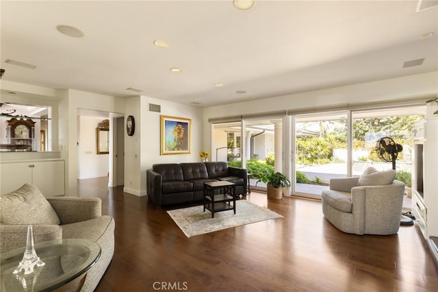 living room with dark hardwood / wood-style floors