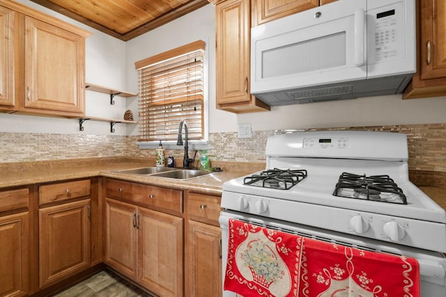 kitchen featuring white appliances, backsplash, crown molding, sink, and wood ceiling