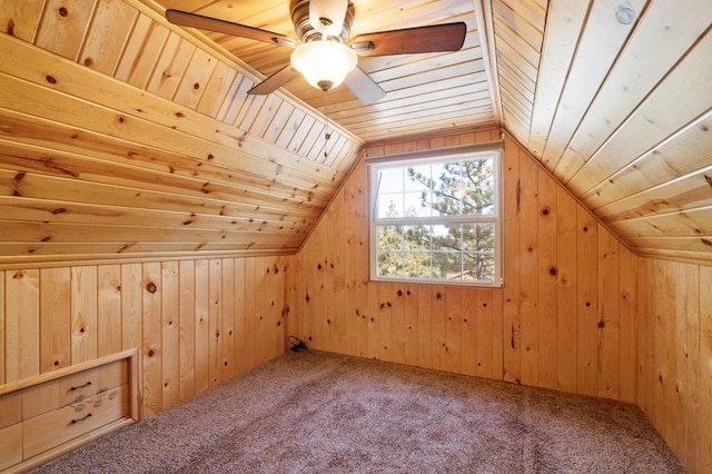 bonus room with wood ceiling, lofted ceiling, and wood walls