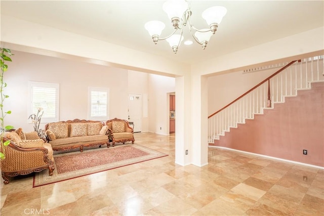 living room featuring an inviting chandelier