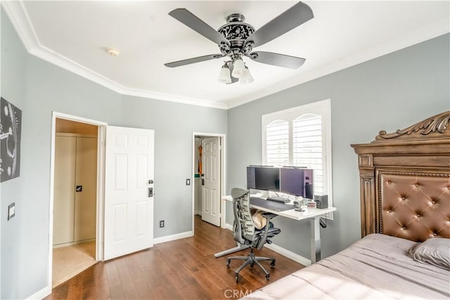 bedroom featuring ceiling fan, dark hardwood / wood-style floors, and ornamental molding