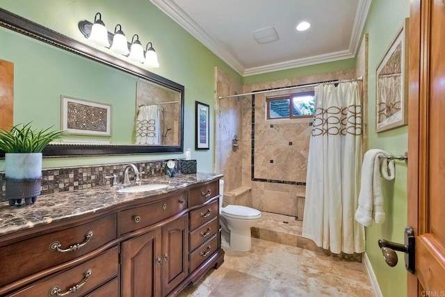 bathroom with vanity, a shower with shower curtain, decorative backsplash, toilet, and ornamental molding