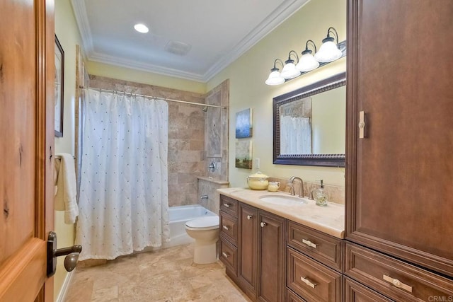 full bathroom featuring crown molding, shower / tub combo with curtain, vanity, and toilet